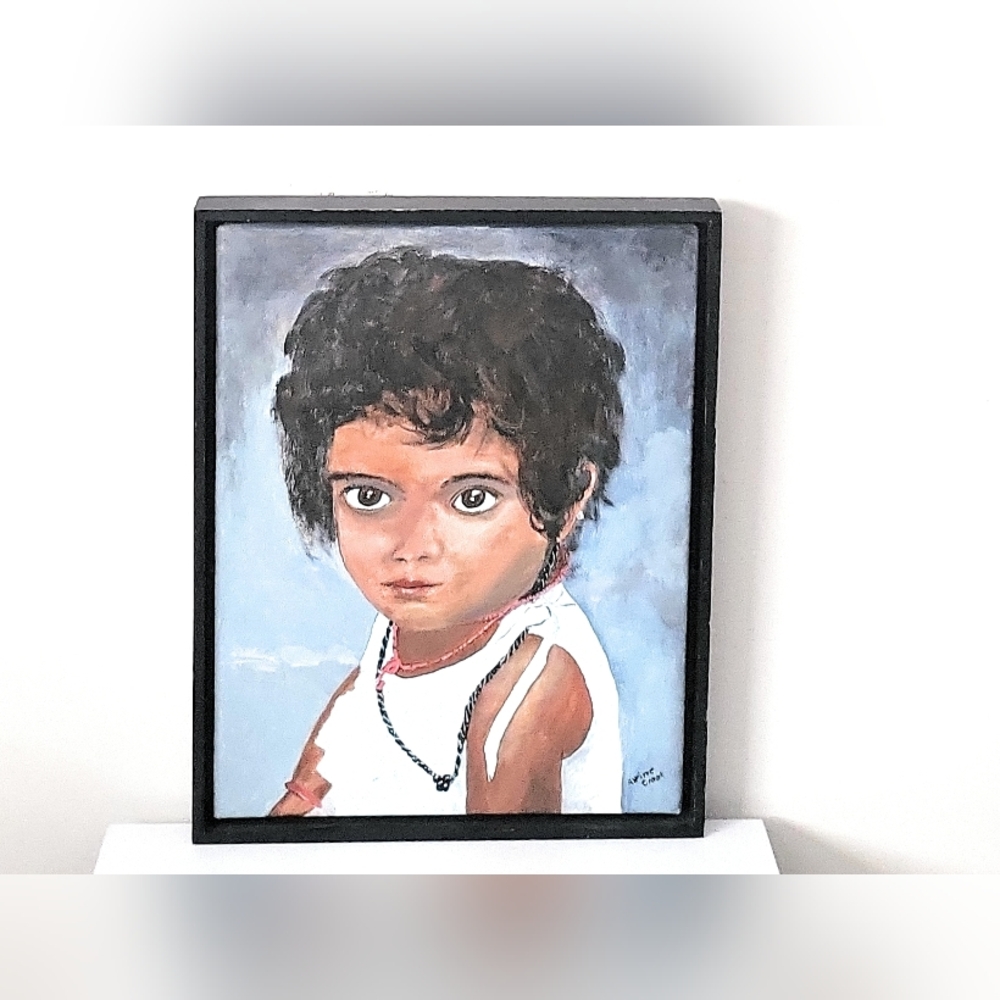 Original Oil On Canvas Signed Child Portrait in Black Frame. 14 X 18 Inches